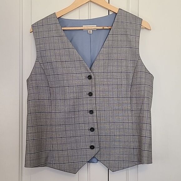 Tahari ASL Satin Back Plaid Vest Gray Blue Size 14 - Picture 2 of 13